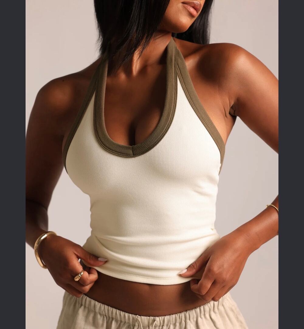 Gaui FORM-RIBBED TWOTONE PLUNGE HALTER TOP sz M